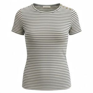 LOFT Navy Blue and White Striped Short Sleeve Knit Top EUC